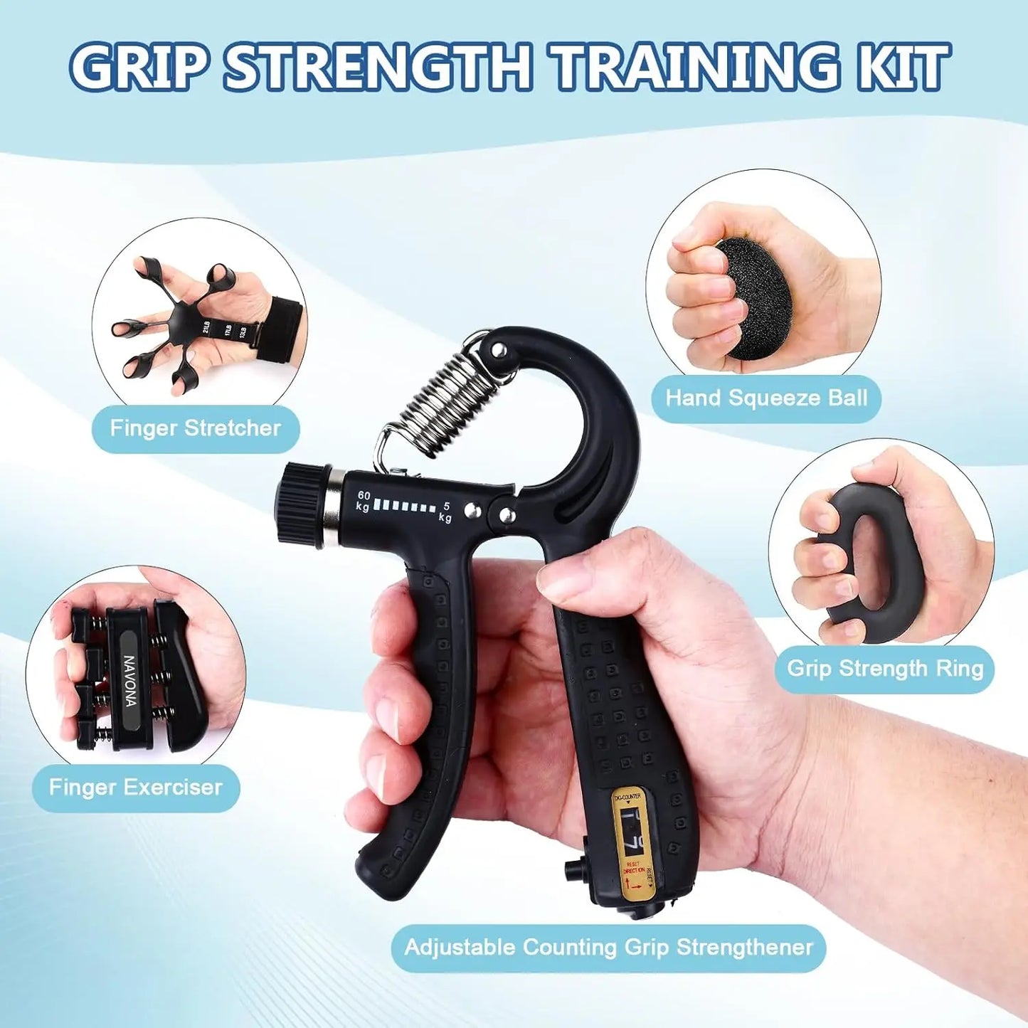 Grip Trainer Kit: Adjustable Hand Gripper,Finger/Hand Exercisers,Stress Ball & Forearm Ring for Muscle Build & Injury Rcvry
