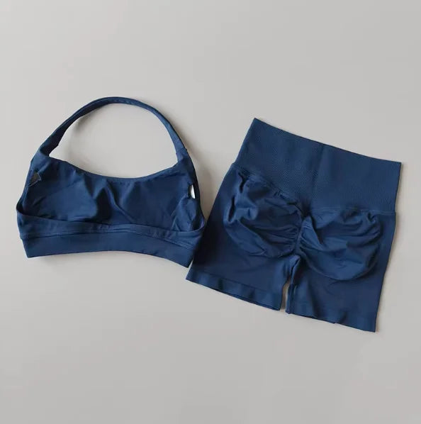 Peach Halter Neck Yoga Set for Women Breathable Quick Dry Sports Bra and Shorts