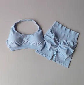 Peach Halter Neck Yoga Set for Women Breathable Quick Dry Sports Bra and Shorts