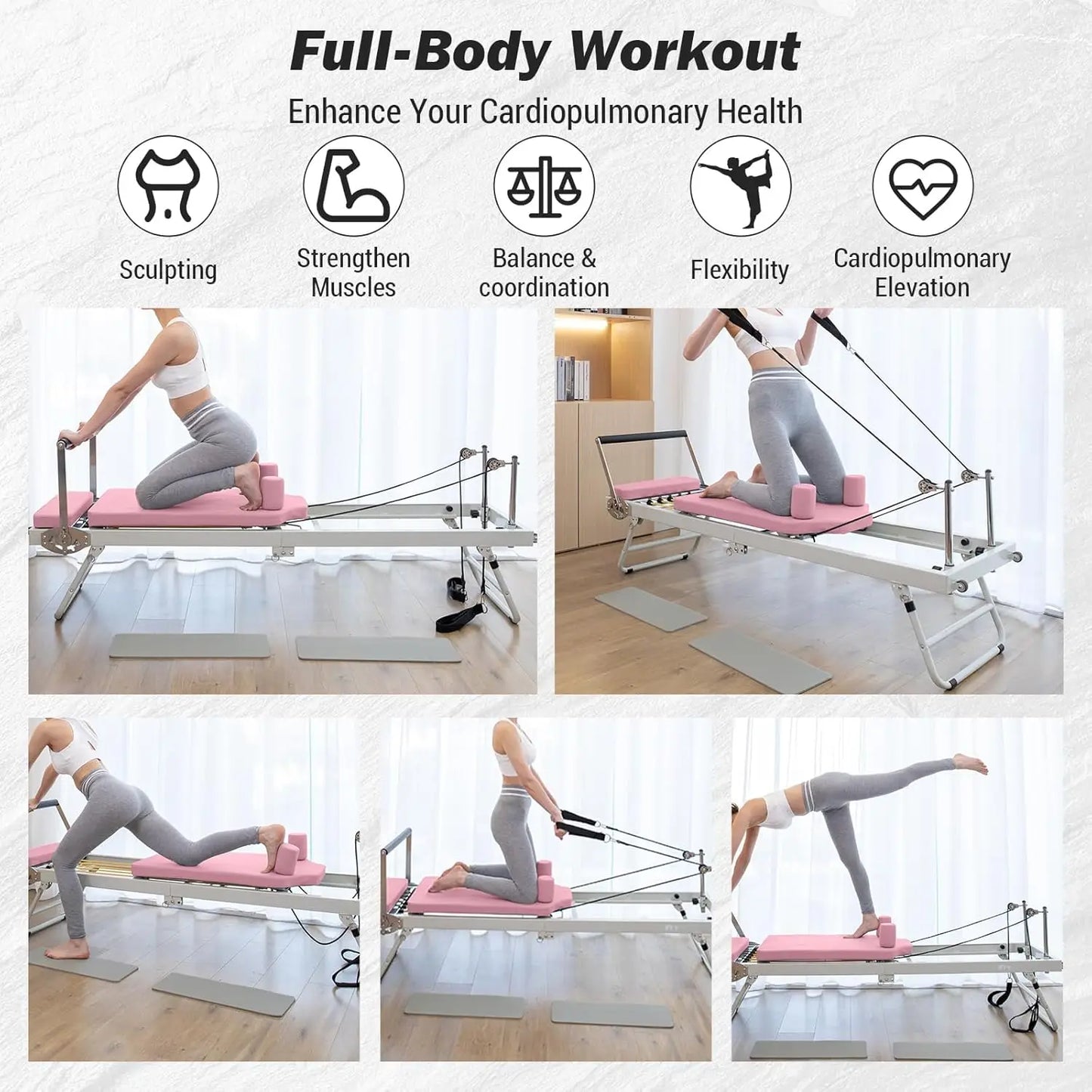 Pilates Reformer 77 Inch Foldable Home Gym Equipment Adjustable Workout Machine