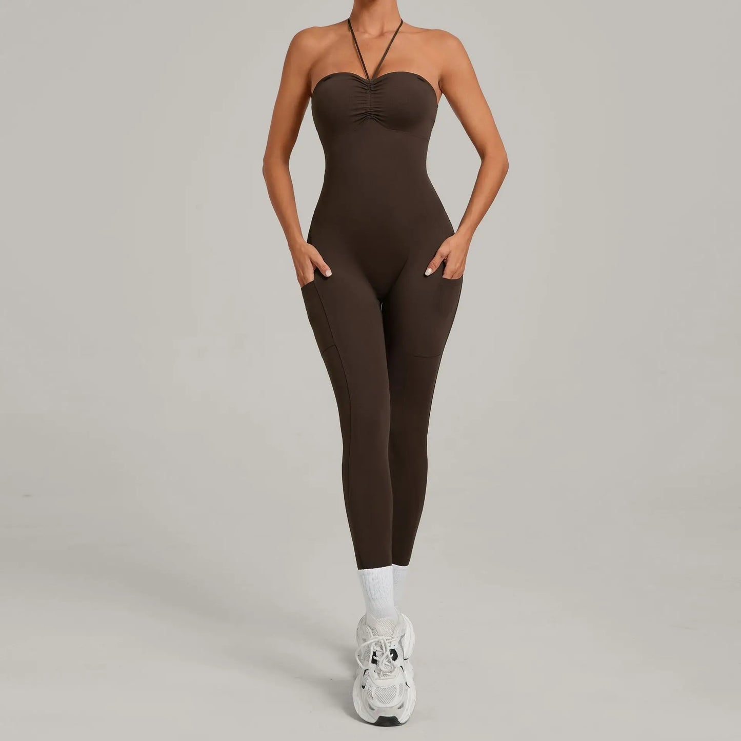 Women's Yoga Jumpsuits Sports Fitness One-piece Beauty Back Strap Pocket Hip-lifting Slim Fit Running Workout Training Bodysuits