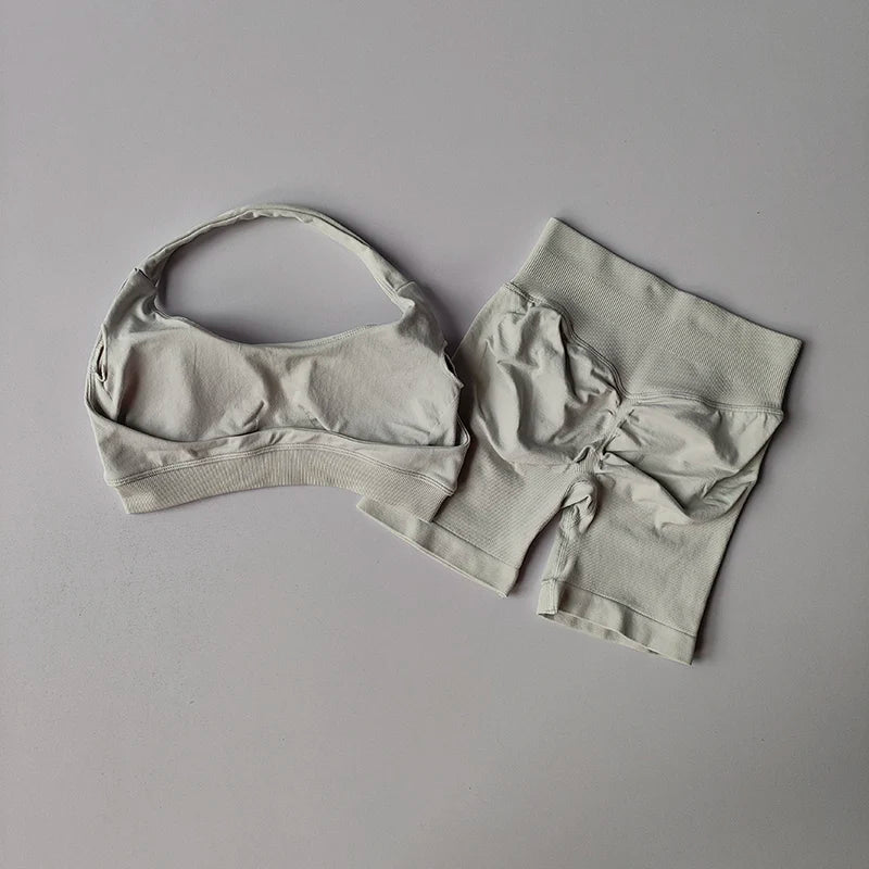 Peach Halter Neck Yoga Set for Women Breathable Quick Dry Sports Bra and Shorts