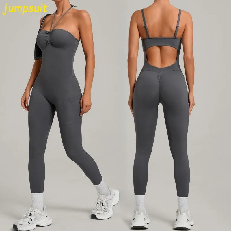 Women's Yoga Jumpsuits Sports Fitness One-piece Beauty Back Strap Pocket Hip-lifting Slim Fit Running Workout Training Bodysuits