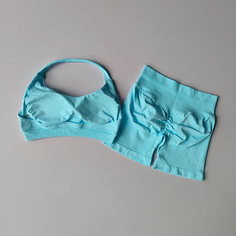 Peach Halter Neck Yoga Set for Women Breathable Quick Dry Sports Bra and Shorts