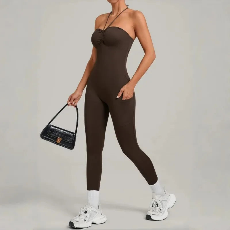 Women's Yoga Jumpsuits Sports Fitness One-piece Beauty Back Strap Pocket Hip-lifting Slim Fit Running Workout Training Bodysuits