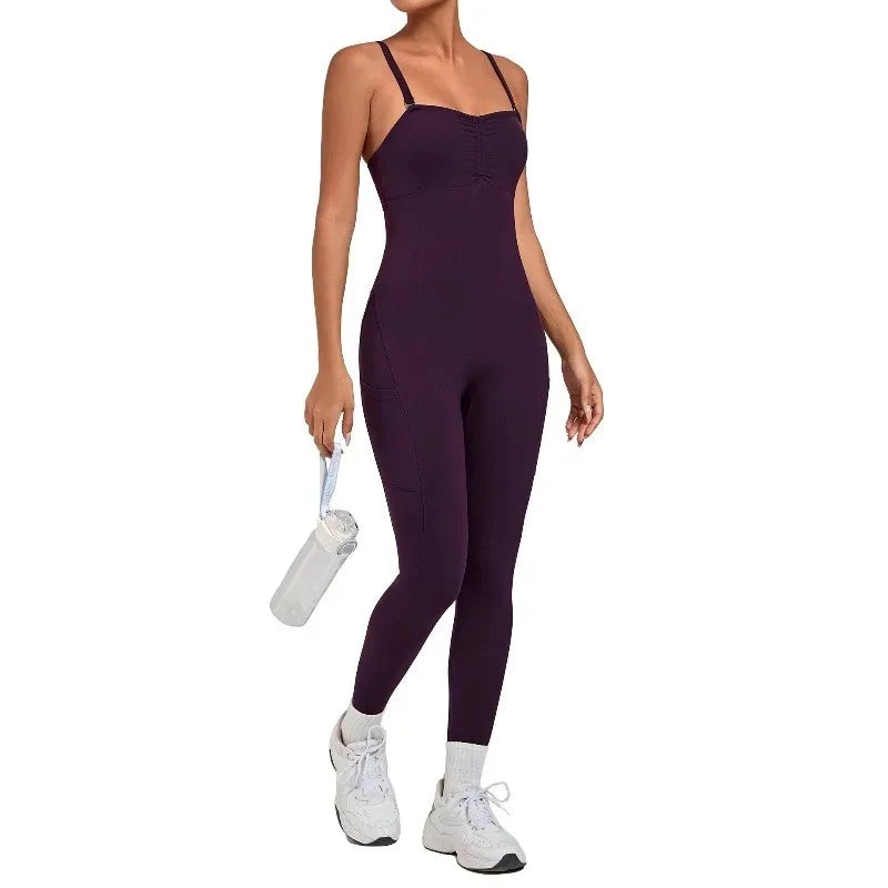 Women's Yoga Jumpsuits Sports Fitness One-piece Beauty Back Strap Pocket Hip-lifting Slim Fit Running Workout Training Bodysuits