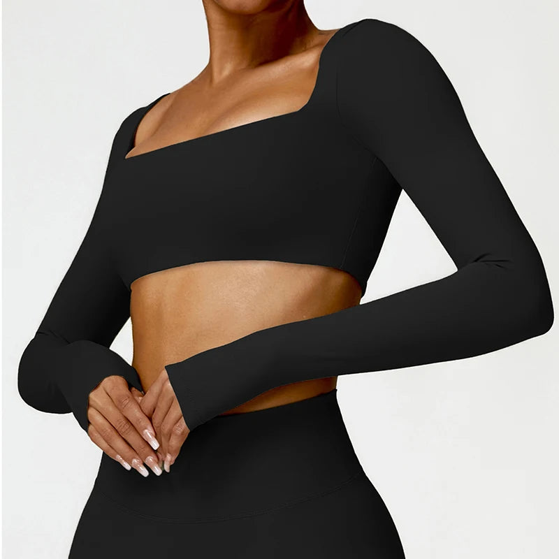 Hearuisavy Casual Quick Dry Sportswear Women Square Neck Gym Top Women Fitness Sports Crop Top Female Long Sleeve Yoga Clothing