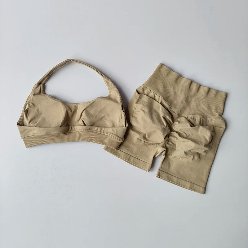 Peach Halter Neck Yoga Set for Women Breathable Quick Dry Sports Bra and Shorts