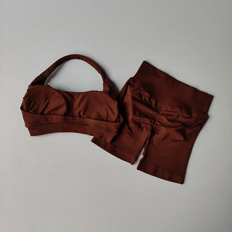 Peach Halter Neck Yoga Set for Women Breathable Quick Dry Sports Bra and Shorts