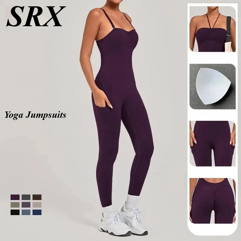 Women's Yoga Jumpsuits Sports Fitness One-piece Beauty Back Strap Pocket Hip-lifting Slim Fit Running Workout Training Bodysuits