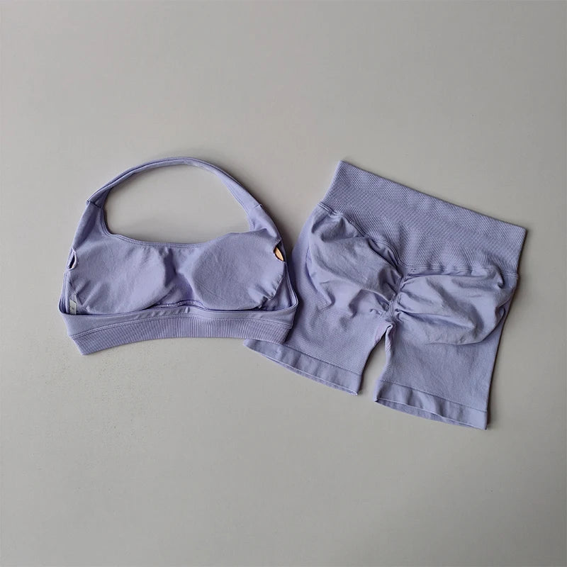 Peach Halter Neck Yoga Set for Women Breathable Quick Dry Sports Bra and Shorts